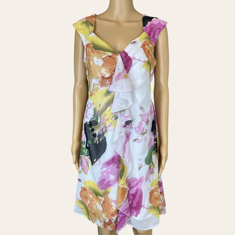 Jonathan Martin Floral Dress Sz 10 pink White Elastic Waist Ruffled Knee Length
